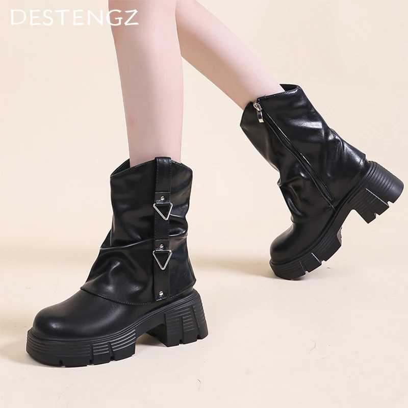 Женские кожаные ботильоны зимняя обувь на среднем каблуке женская трендовая