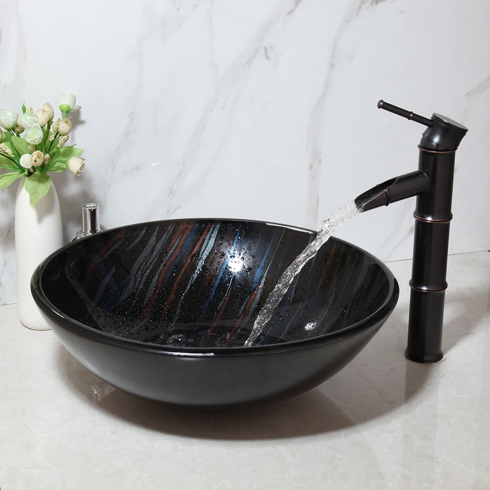 

Bamboo Oil Black Tap+Bathroom Sink Washbasin Glass Hand-Painted Bath Combine Brass Set Faucet Mixer Tap Basin Faucet Set