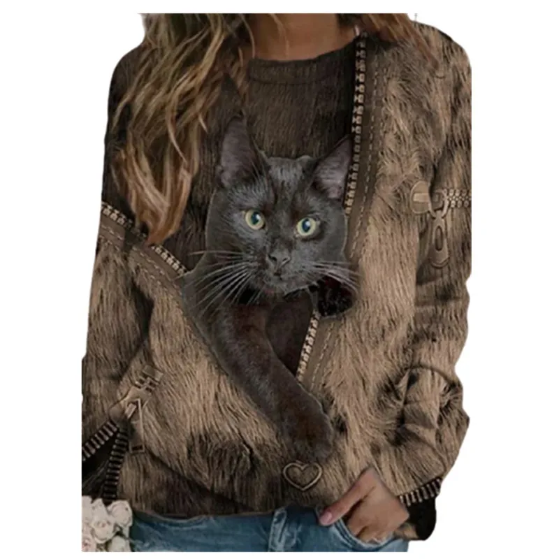 

Loose Plus 3D Tops 5XL Long O-Neck Casual Shirt T Size Cartoon T Print Sleeve Ladies Cat Spring Oversized Women New Shirts Ladi