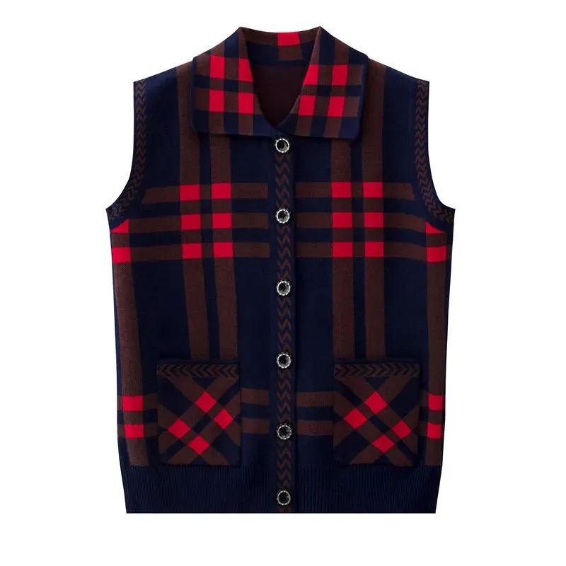 Вязаные свитера жилет для пожилых мам среднего возраста клетчатый кардиган без