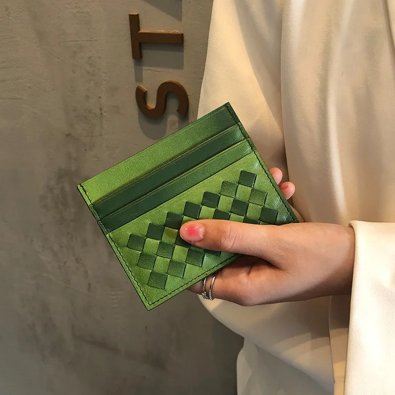 

Men Credit Card Holder Genuine Sheep Leather Woven Leather Slim Walelt Women Lamb Skin Multiple Pockets Coin Purse 2022 INS