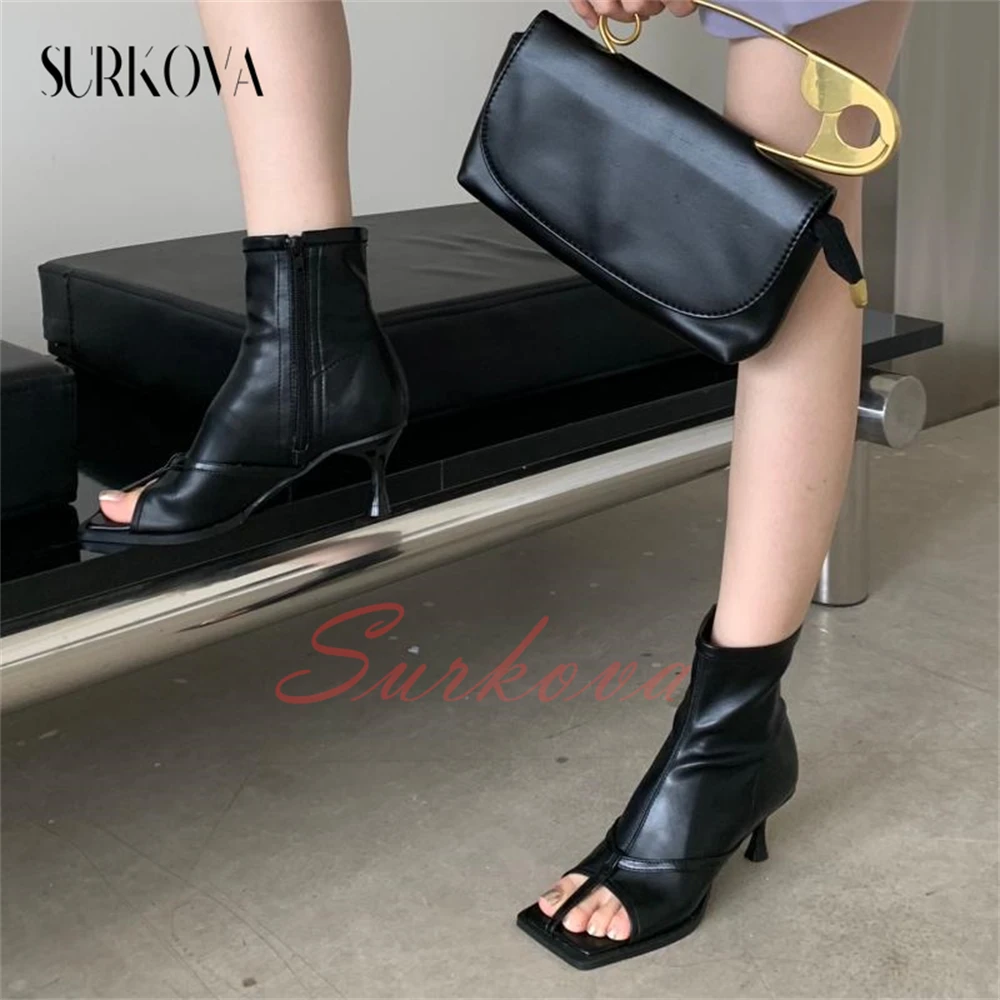 Thong Thin Strap High Heel Short Boots Women's Solid Color Square Open Toe Leather Boots Mid Heel Ankle Boots Fashion Shoes New