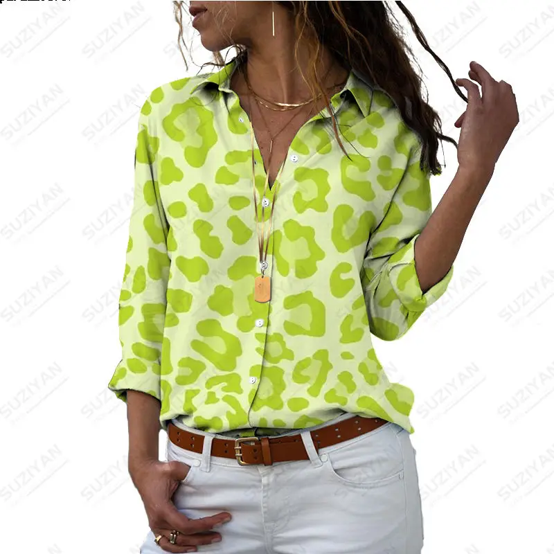 

2023 Long Sleeve Women's Shirt Plus Size Foldover Collar Casual Top Elegant 5XL Spring 3D Printed Leopard Candy Cartoon