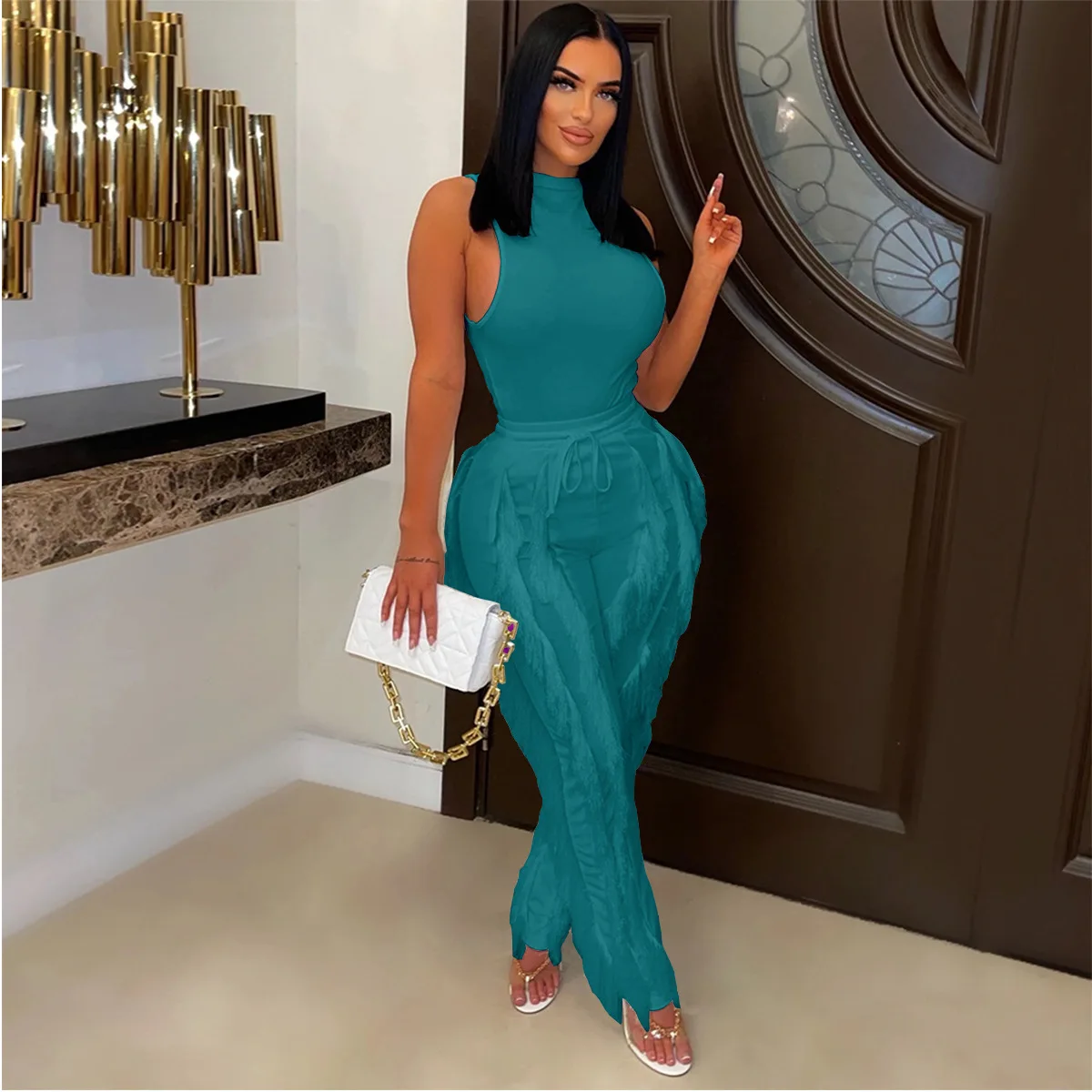 

Womens Outfits 2023 New Fashion Sleeveless Round Neck Slim Fit Tank Top and Tassel Trousers Suit Solid Color Club Two Piece Sets