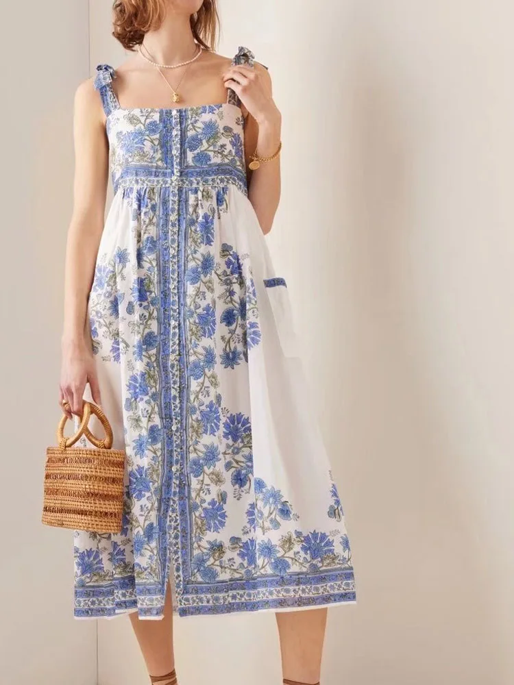 

KUMSVAG 2022 Summer Women Vintage Tank Dress Floral Print Bandage Bow Tie Fashion Female Elegant Street Mid-Calf Dresses Vestido