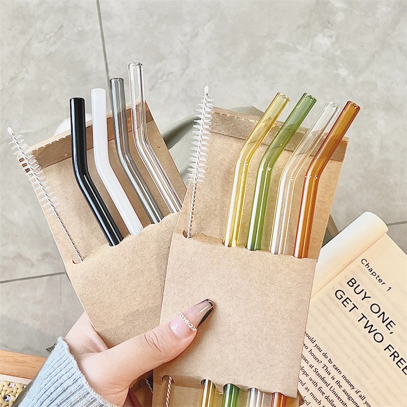 Reusable Glass Straws Multi-color Drinking Straw For Smoothie Milkshakes Tea Juice Cocktail Straight Bent With Brush