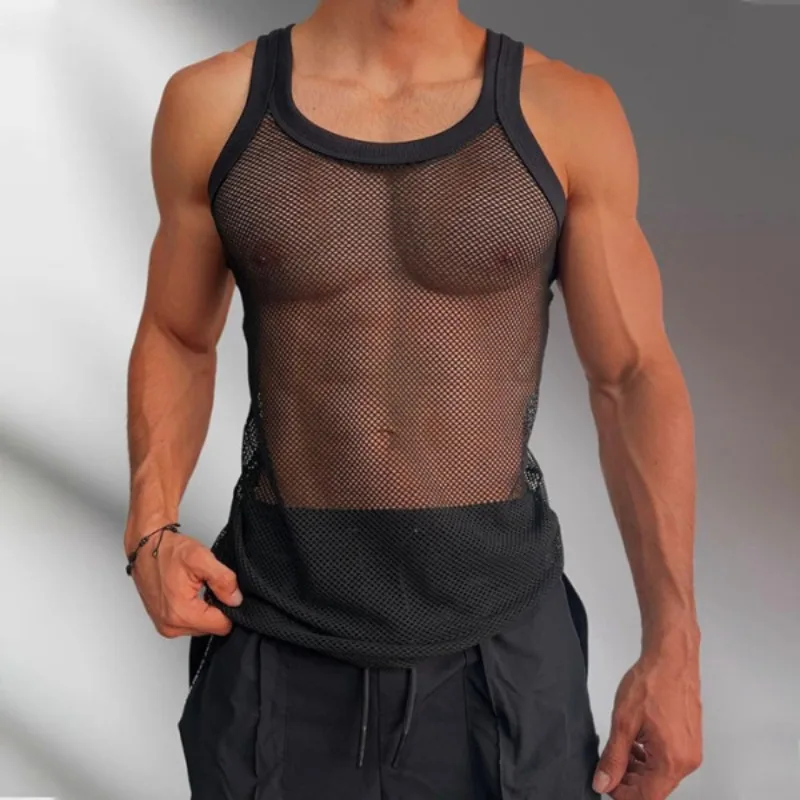 

European and American Men's Fishing Net Sleeveless Vest Mesh Hollowed Out T-shirt Sexy Casual Cool Breathable Customized Vest