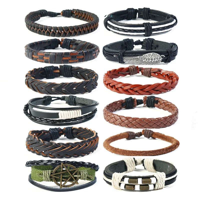 

12pcs/Set Men's Leather Wrap Cuff Bracelet Male Famale DIY Wristband Bracelet Hemp Cords Ethnic Tribal Jewelry Adjustable