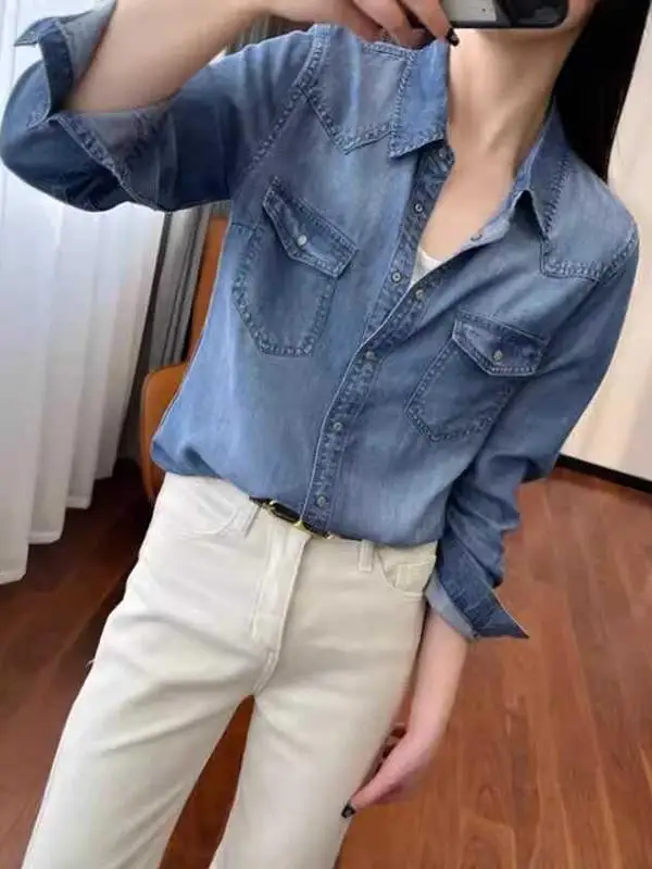 French sle Stacked Soft Denim Shirts Women High-Grade Spring and Autumn Cotton Small Loose Temperament Shirt Thin Coat