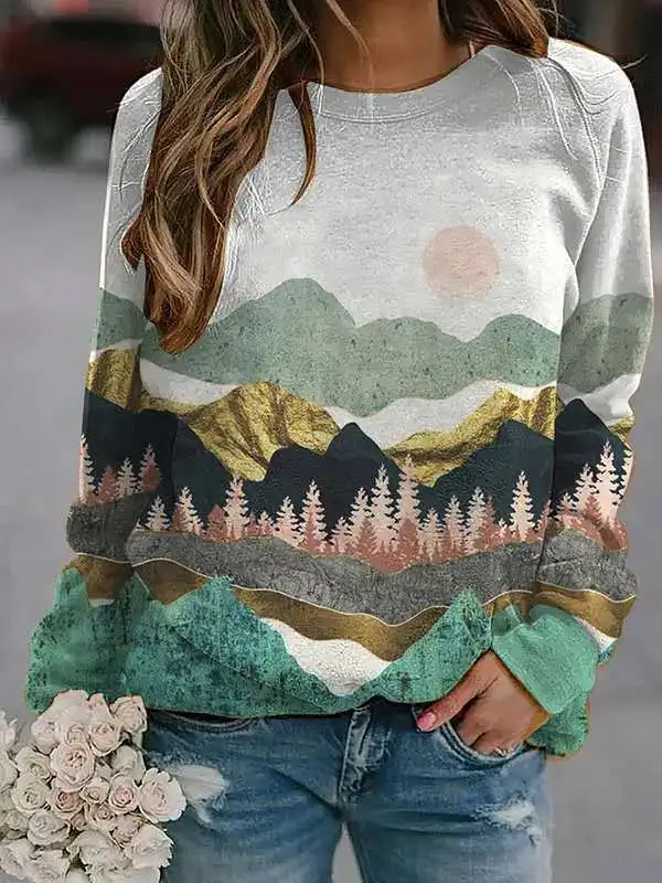 

Autumn and winter new style landscape printing long sleeve pullover sweater