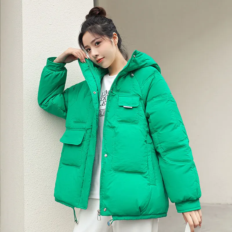 

Padded Jacket Women's Short Hooded Parka 2022 Winter Thick Korean Loose Warm Outwear Multi Pocket Down Cotton Coat Zipper