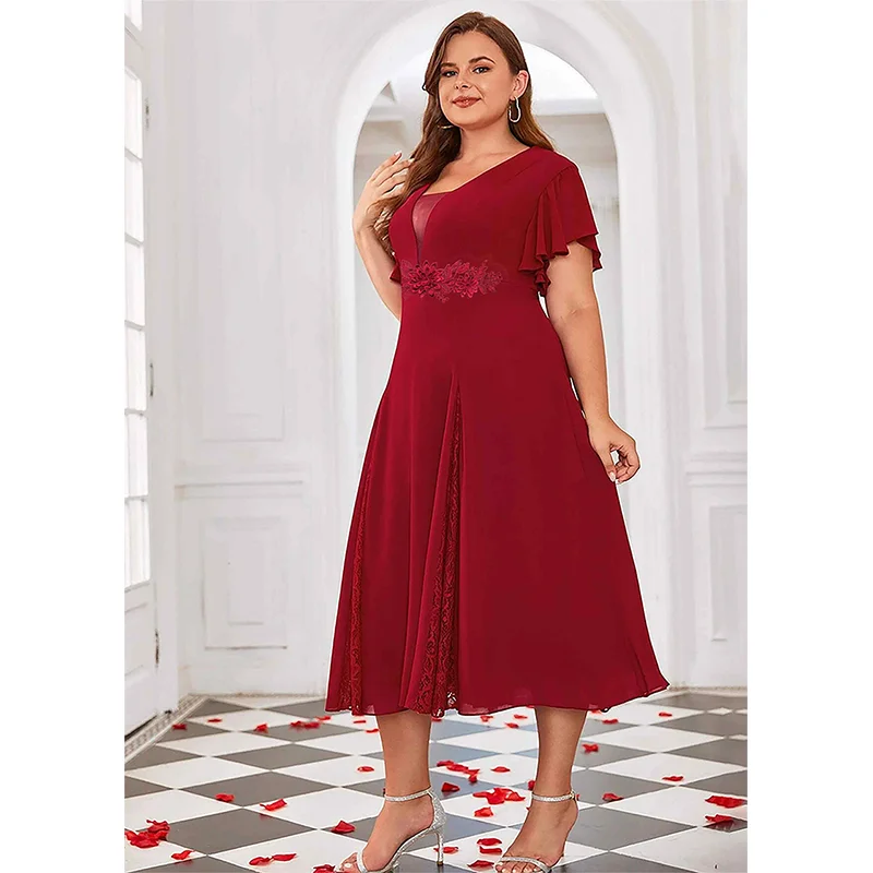 2023 Plus Size Short Sleeve Applique Dress Wedding Luxury V Neck Lace Plus Size Dress Women Summer Mid Length Ruffle Madi Dress