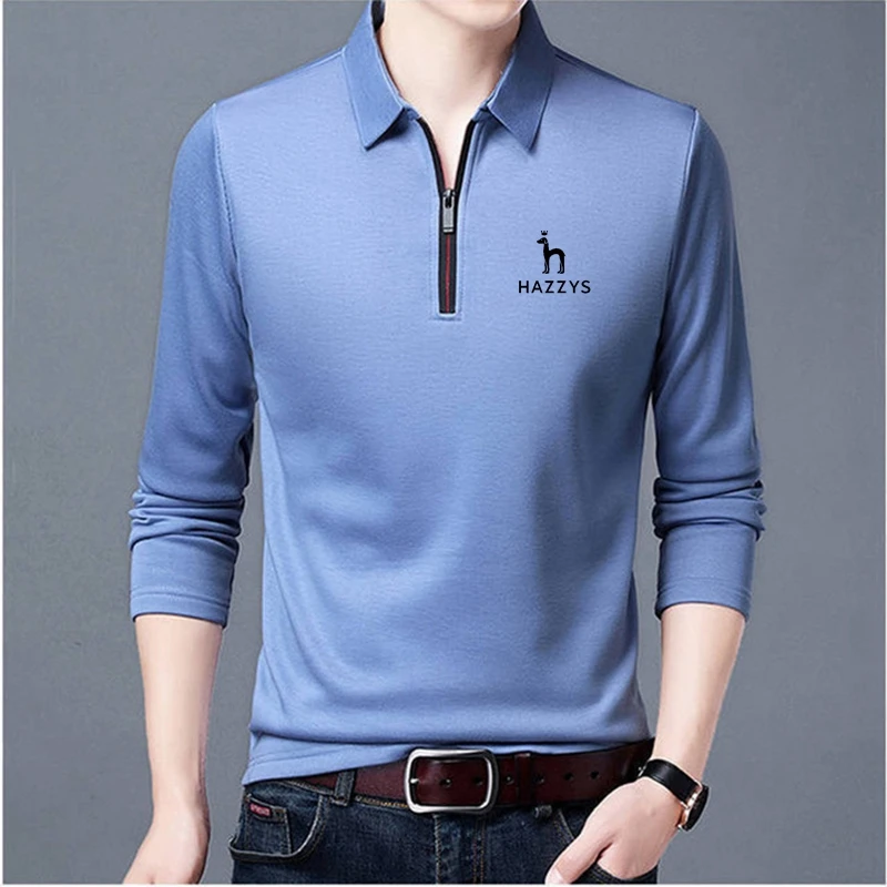 

2023 New Men's HAZZYS Lapel Long-sleeved polo Shirt Zipper Collar Fashion Spring and Autumn Thin Shirt Casual Loose Tops