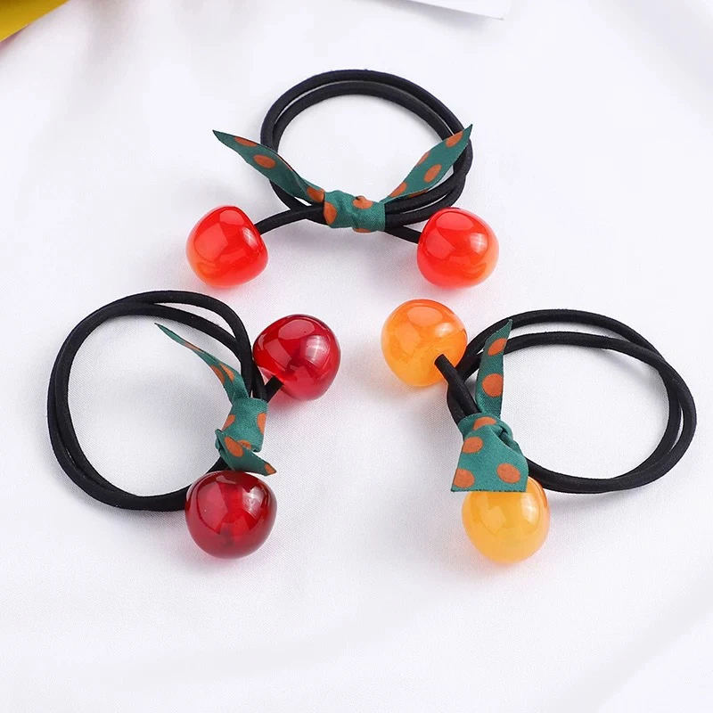 

Cute Women Hair Ties Elastic Rubber Bands Bow Girl Acrylic Colorful Cherry Bow Knot Korean Head Accessories Scrunchies Wholesale