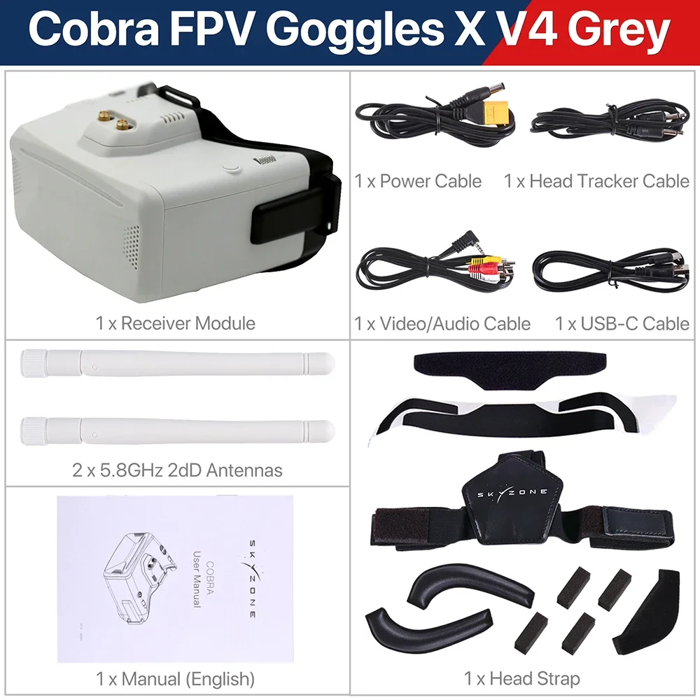 Очки FPV SKYZONE Cobra SDX V4 - Два варианта экранов: 800x480 4.3 дюйма  1280x720 4.1 дюйма, с приемником 5.8G 48CH Diversity (art.: 3920d80946fbc) - 3920d80946fbc