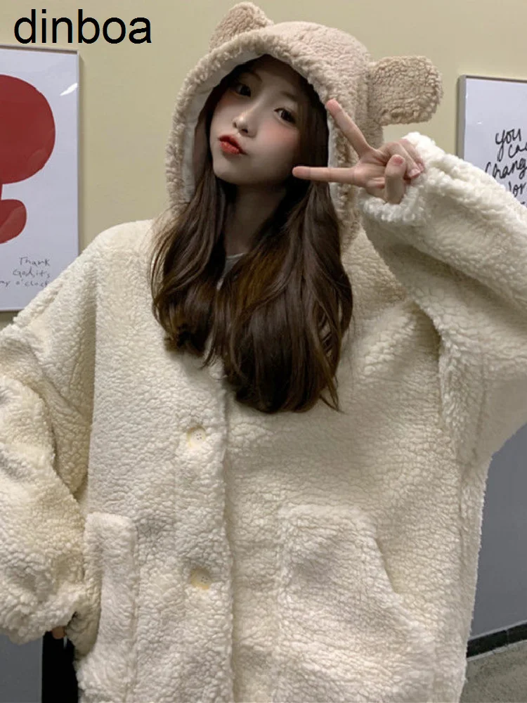 

Dinboa-lamb Wool Kawaii Bear Ears Hoodies Women Korean Fashion Plus Velvet Hooded Sweatshirts Thicken Warm Coats Autumn Winter
