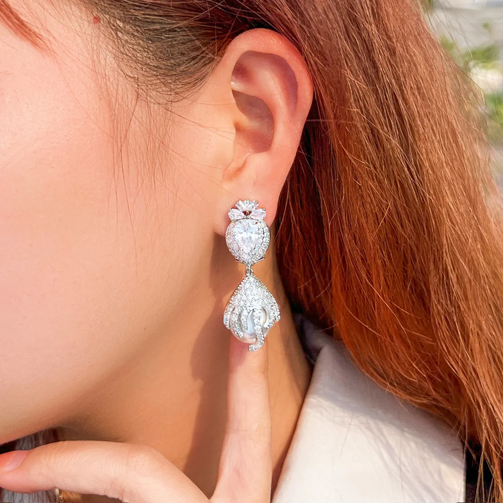 

ThreeGraces Delicate Shiny Cubic Zirconia Dangling Simulated Pearl Bridal Earrings for Women Chic Bridesmaid Dress Jewelry E1108