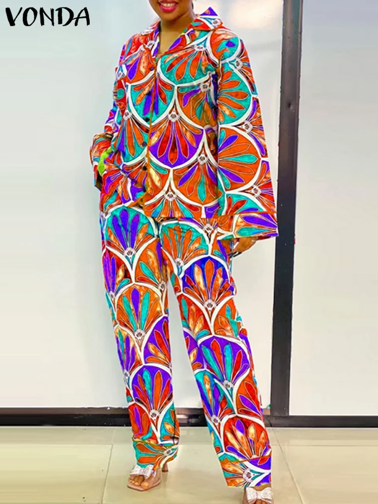 Женские комплекты VONDA 2024 винтажные топы с длинными рукавами и принтом широкие