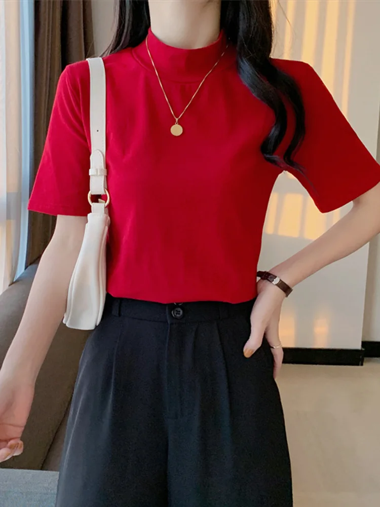 

Casual Harajuku Women crop top Fashion T-shirt solid slim half turtleneck Short Sleeve woman t shirts Summer red tops Tee Shirt