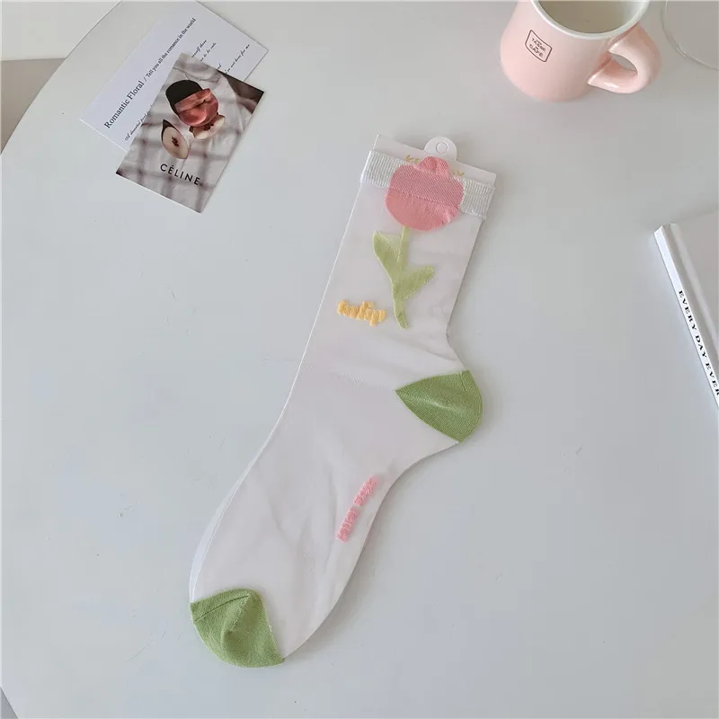 3PAIRS Women's Summer New Tulip Kanekalon Tube Socks Thin Breathable Mesh Sweet College Style Glass Stockings