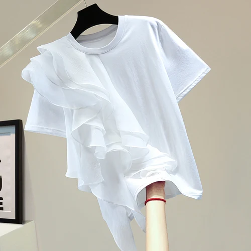 

2022 Ruffled Stitching Short Sleeve Round Neck T-shirt Women Summer Korean Style LooseSolid Color Casual Straight Top Fashion T