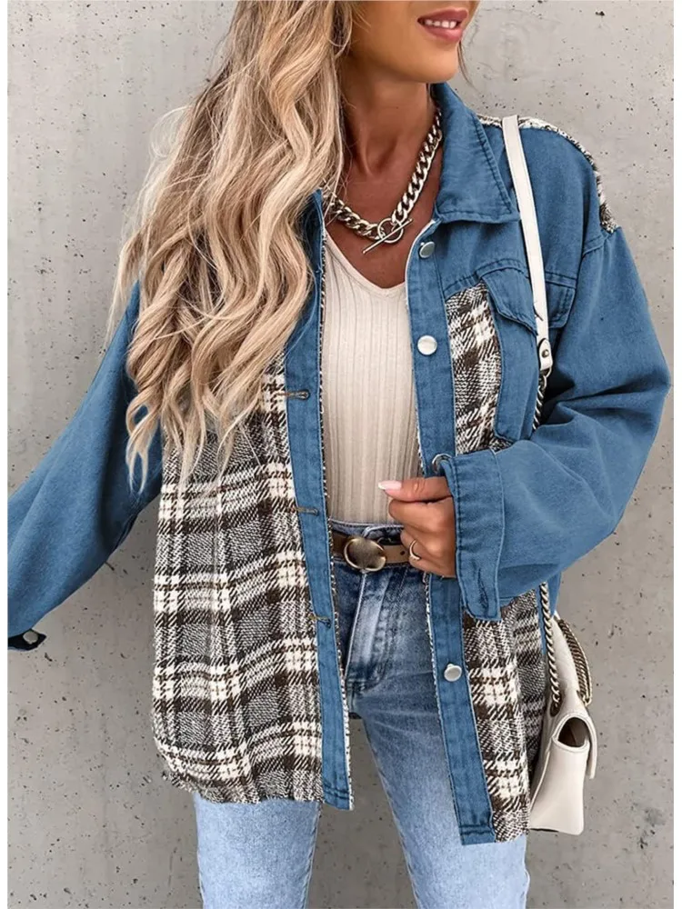 

Casual Women's Denim Jacket Long Sleeve Fashion Plaid Button Down Loose Shirts Coats 2023 Autumn Woman Oversized Jean Jackets