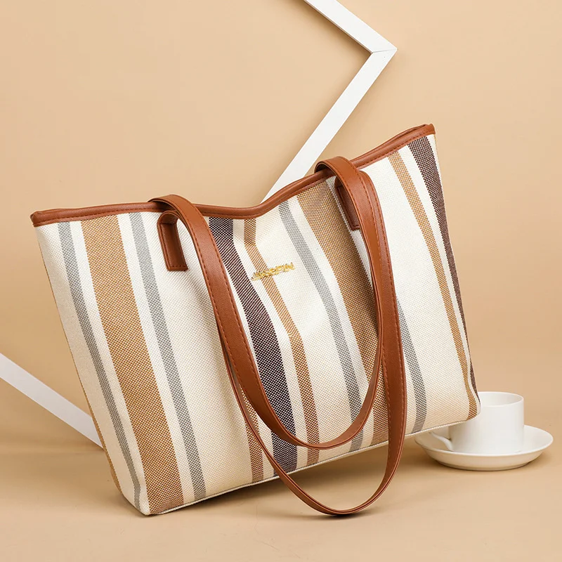 

Bag women 2022 new fashion Korean women's bag middle-aged single shoulder bag leisure large capacity Tote Bag Canvas stripe