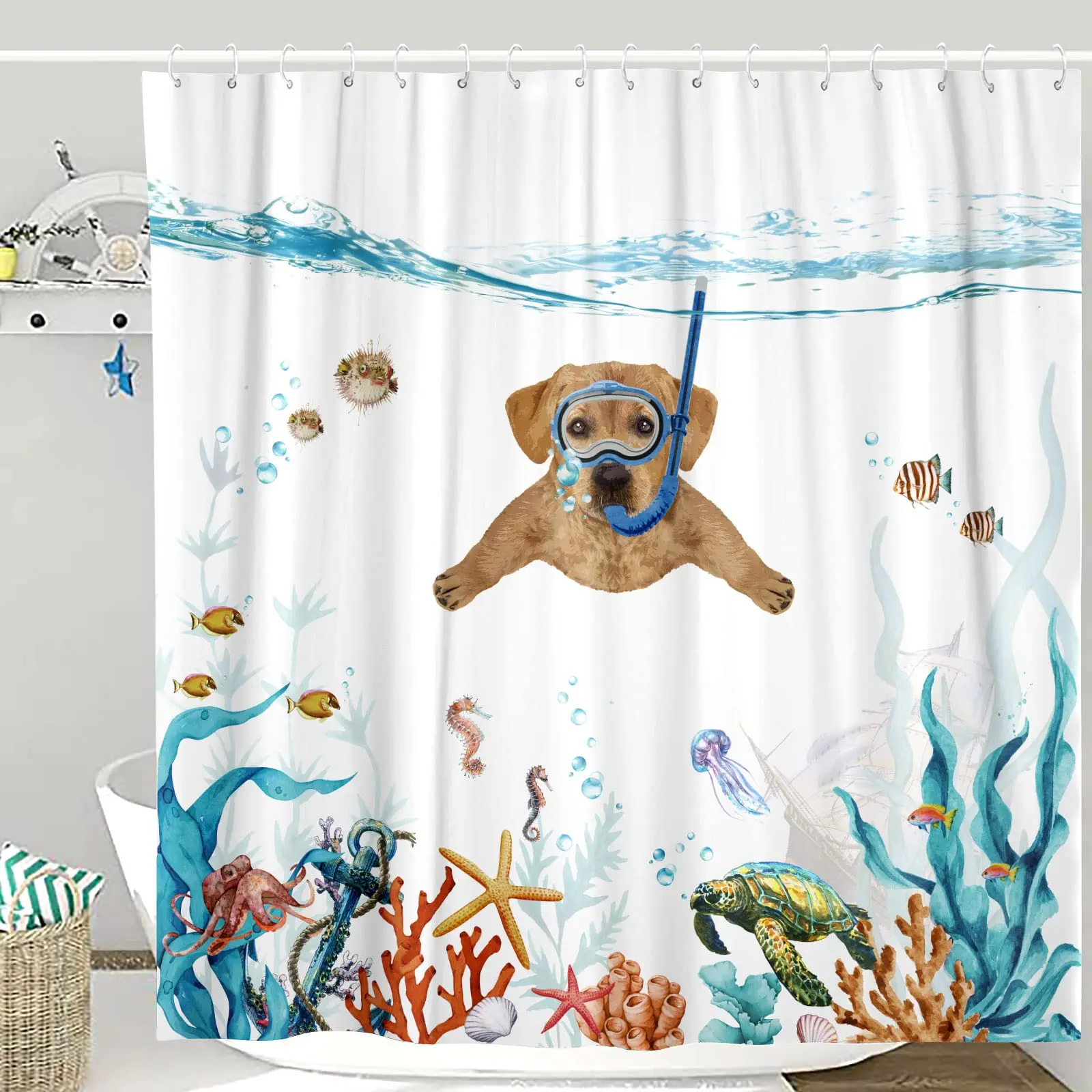 

Funny Dog Shower Curtain Blue Ocean Shower Curtains with Animal Octopus Starfish Turtle Anchor Fish Nautical Bathroom Curtains