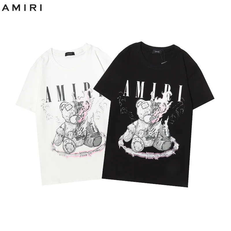 

New AMIRI Letters Teddy Bear Print High Street Style Casual Loose T-shirt Men Women 200g Cotton Tees