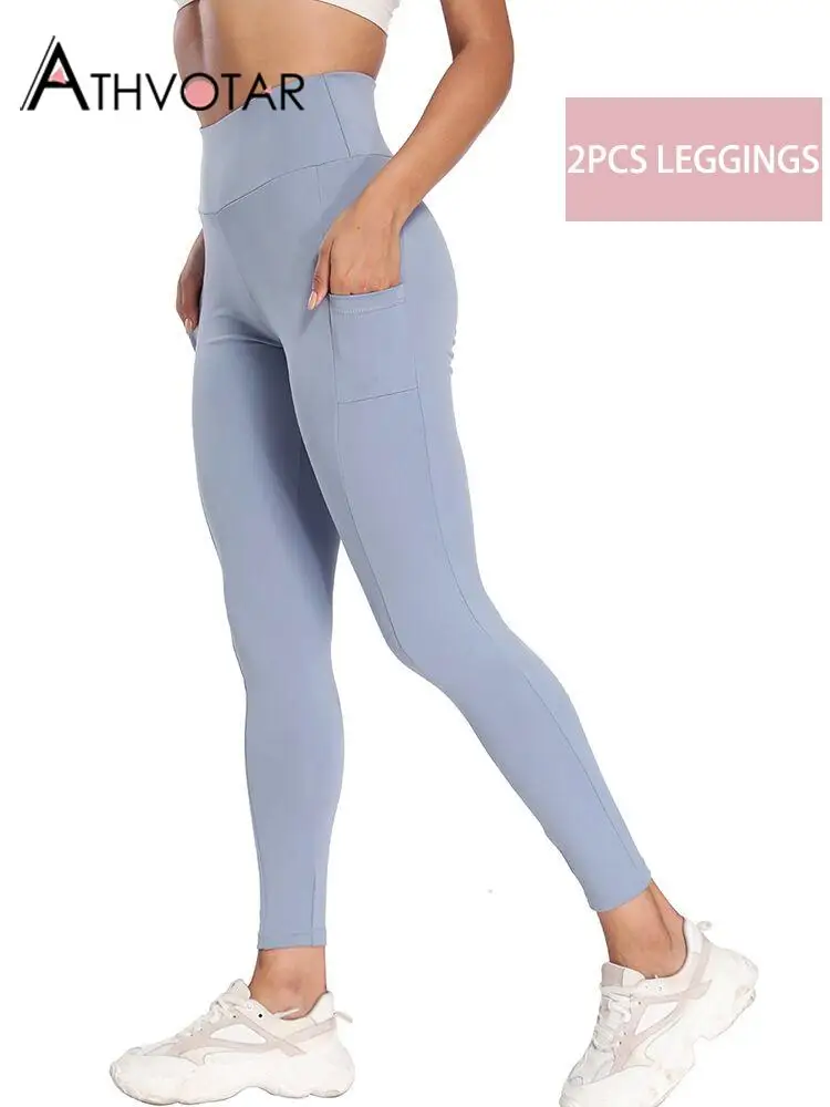 

ATHVOTAR 2PCS Leggings Seamless Women Push Up Solid Breathable Pocket Legging Female High Waist Skin Friendly Fitness Leggings