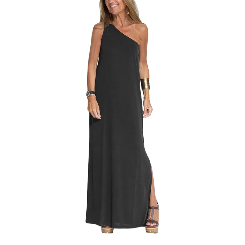 

Women One Shoulder Dress Summer Sexy Solid Color Sleeveless Side Split Long Dresses Cocktail Beach Club Dresses Streetwear