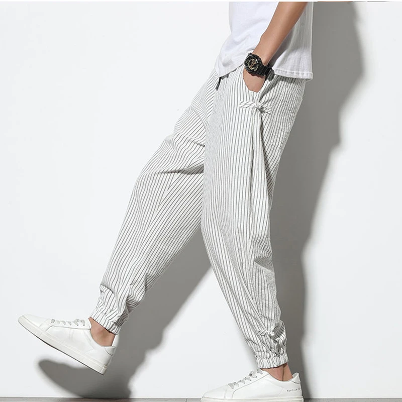 

Legible Spring Summer Striped Harem Pants Mens Cotton Linen Pants Male Casual Trousers Man