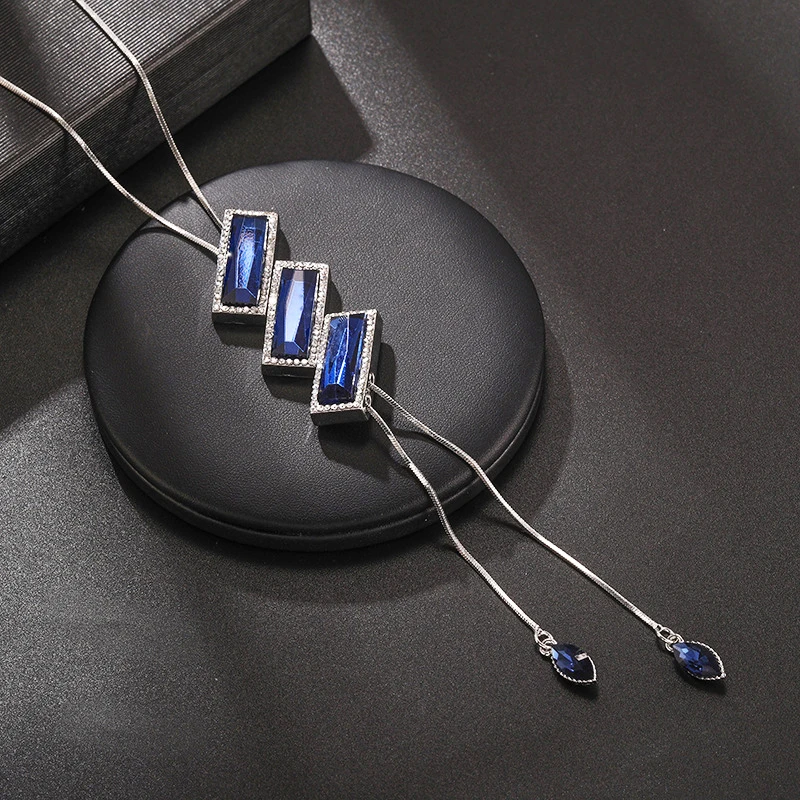 

KIOOZOL Vintage Blue White Grey Cubic Zirconia Long Necklaces For Women Silver Color Pendant Sweater Chain Jewelry 037 KO2