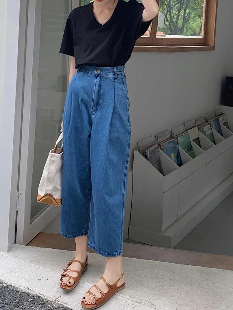 

Retro Washed Blue Small Man Profile High Waist Thin Section Wide Leg Nine Points Jeans Banana Pants Women jeans