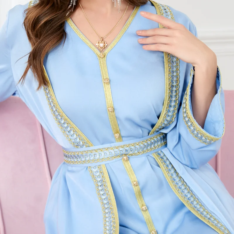 Muslim Set 2 Piece for Women Party Embroidery Trim Long Dress Ramadan Eid Belted Moroccan Kaftan Islam Dubai Satin Abaya Outfits