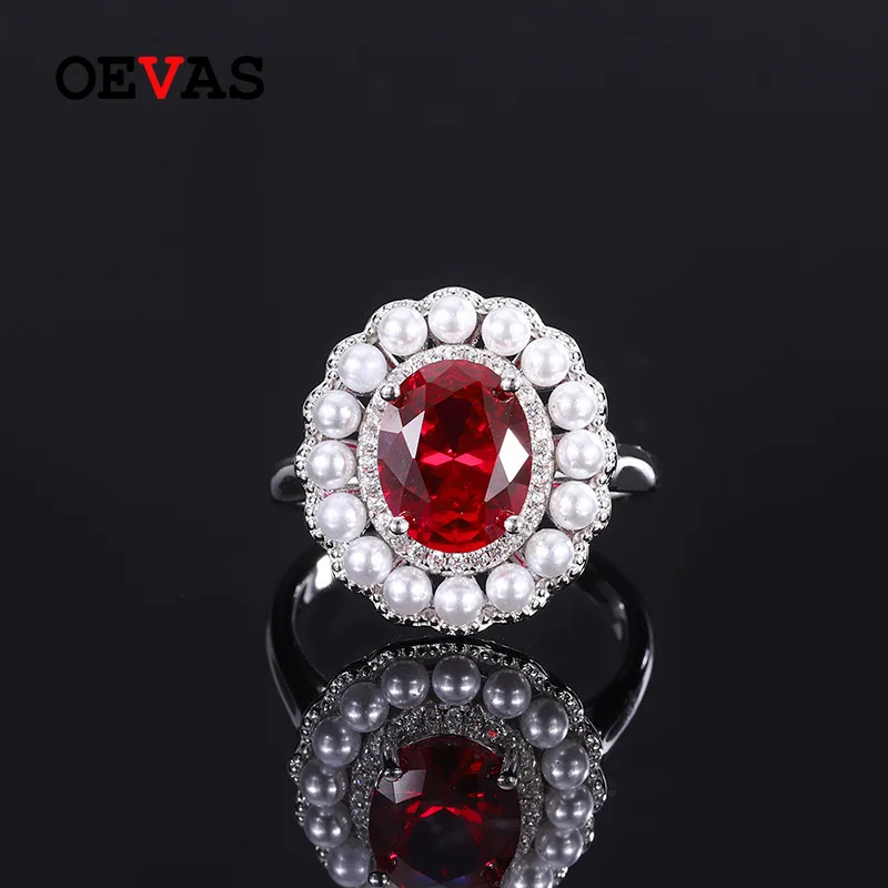 

OEVAS 100% 925 Sterling Silver 8*10mm Ruby Aquamarine High Carbon Diamond Pearl Rings Fro Women Sparkling Wedding Fine Jewelry