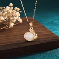 new national tide ancient gold plated cute rabbit necklace retro white hetian jade china style pendant necklaces for women girls