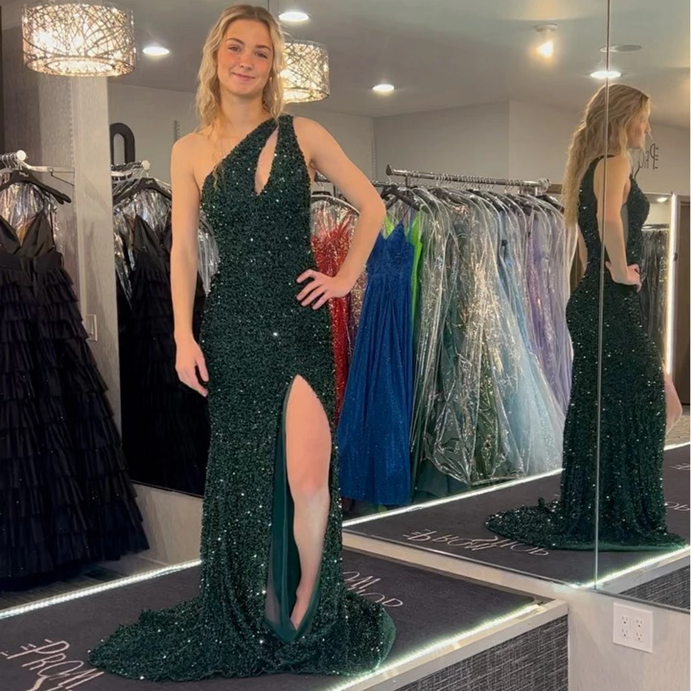 

Qcenkern One-Shoulder Green Evening Formal Sparkly Sequined Saudi Arabia Long Party Dresses Gowns Women Robes de Soirée 2023