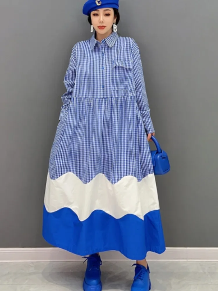 

URIOR 2023 Весна Осень новинка Модная рубашка с воротником-поло цветное Платье женское синее черное клетчатое длинное платье-блузка