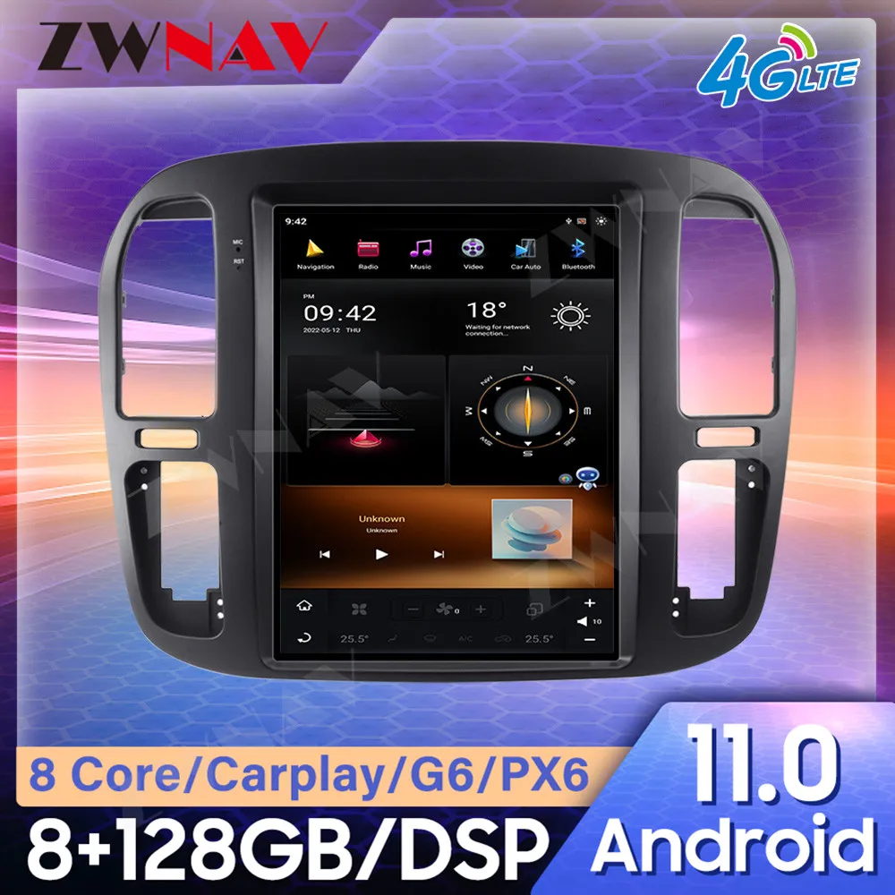 

Вертикальный автомобильный радиоприемник Tesla для Toyota Lander Cruiser LC100 1998-2002 Carplay DSP Android 11 PX6 Стерео GPS навигация