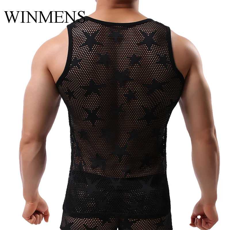 Summer Thin Star Mesh Men's Tank Tops Solid Fishnet Sleeveless Youth See Through Vest Cut-outs Breathable Male Sexy Singlet