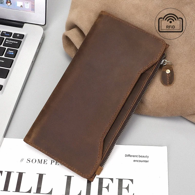 

Men's Crazy Horse Leather Long Wallet Brown Real leather Trifold clutch snap purse Hasp purse with Phone pocket and coin pocket