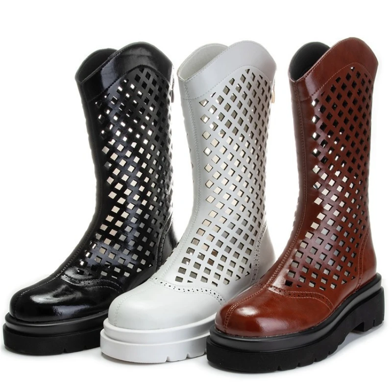 

2022 Women High Boots Summer Female Fashion Genuine Leather Retro Breathable Hollow Thick Sole Flats Comfortable Brand Black