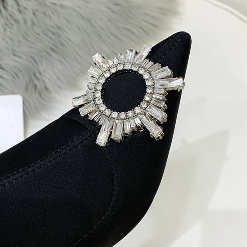 2023 New Autumn and Winter Pointed Toe Stiletto Mid-tube High Heels Rhinestone Elastic Women's Short Boots