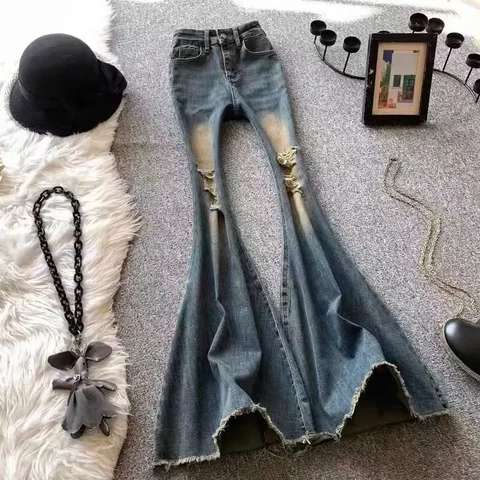 Американские винтажные перфорированные расклешенные джинсы, женские осенние новые пряные облегающие брюки с высокой талией для девушек «рыбий хвост»