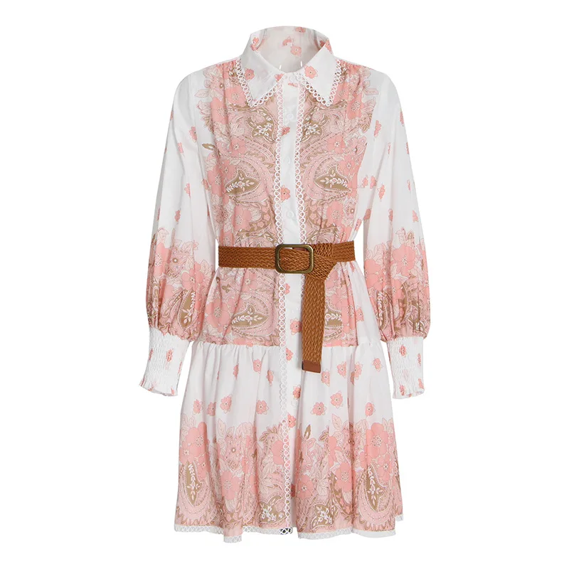 

Sweet Bohemian A-line Skirt 2022 New Lapel Long Sleeve Lace Up Waist Design Dress Women Robe Traf Dresses For Women