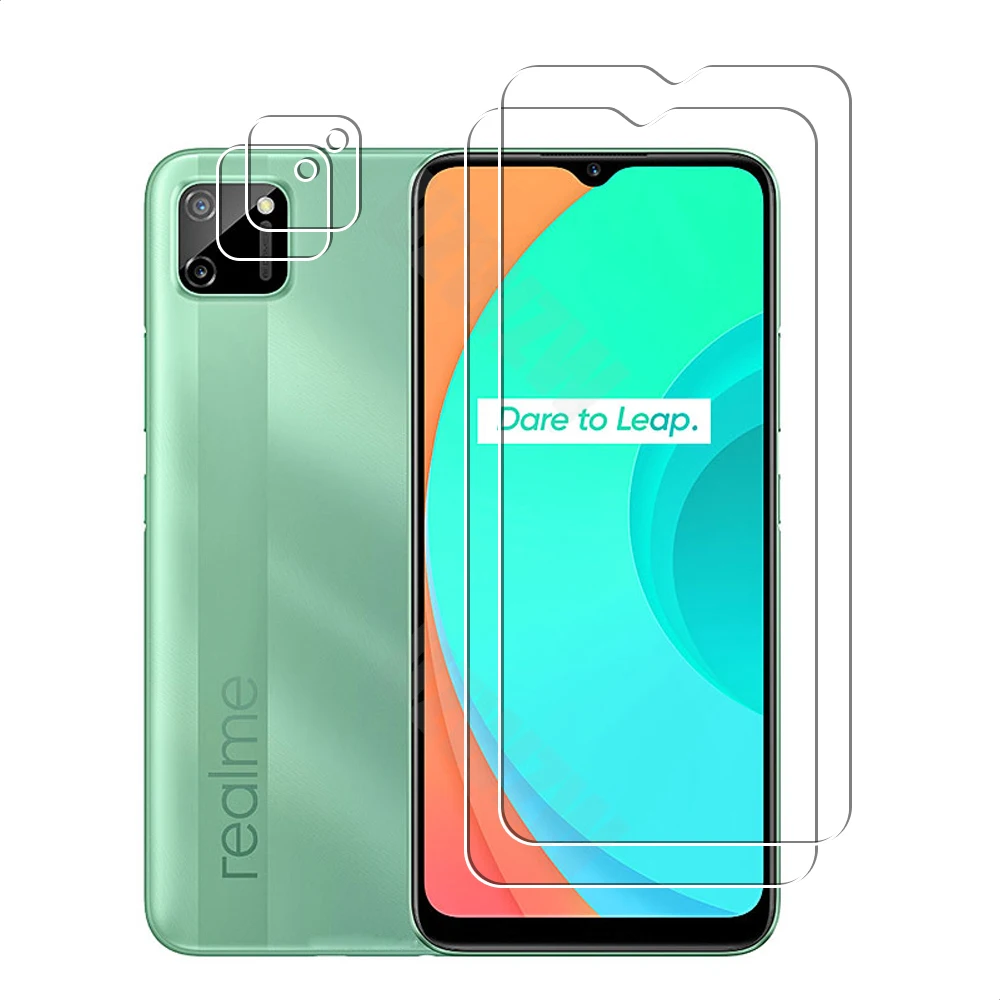

(2+2) For Realme C11 2021 / 2020 (2pcs) Camera Lens Film & (2pcs) Tempered Glass Screen Protectors Protective Guard HD Clear