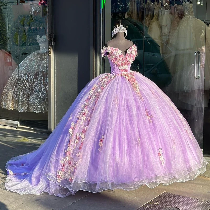 

Lavender Quinceanera Dresses Off The Shoulder Glitter Tulle Appliques 3D Flower Ball Gown Pageant Bitthday Party Gown Sweet Robe