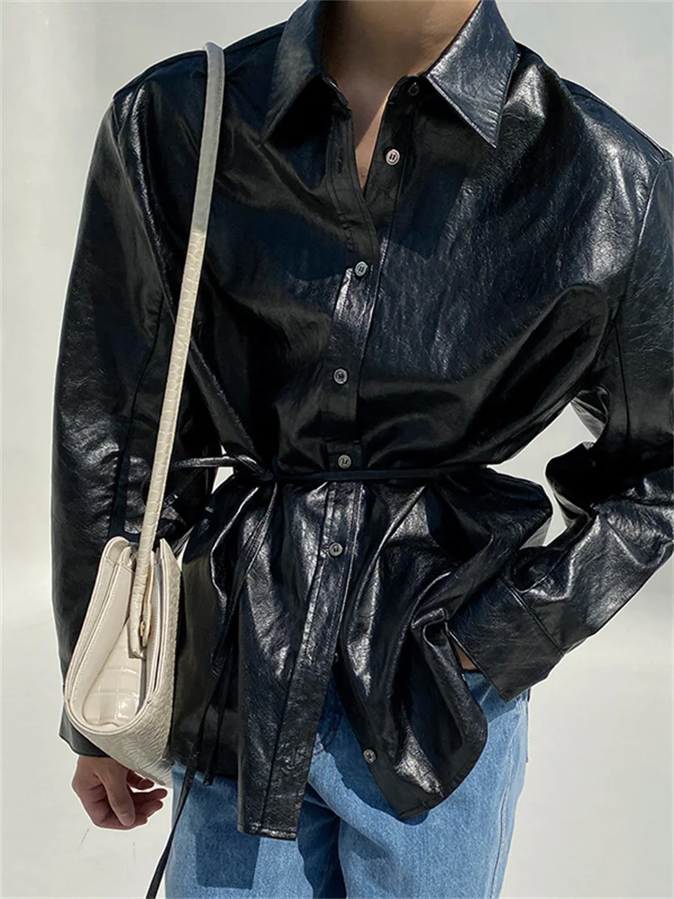 

Korean Chic Retro Leather Jacket Feminine Temperament Lapel Single-breasted Tie Waist Long-sleeved All-match Motorcycle Jacket