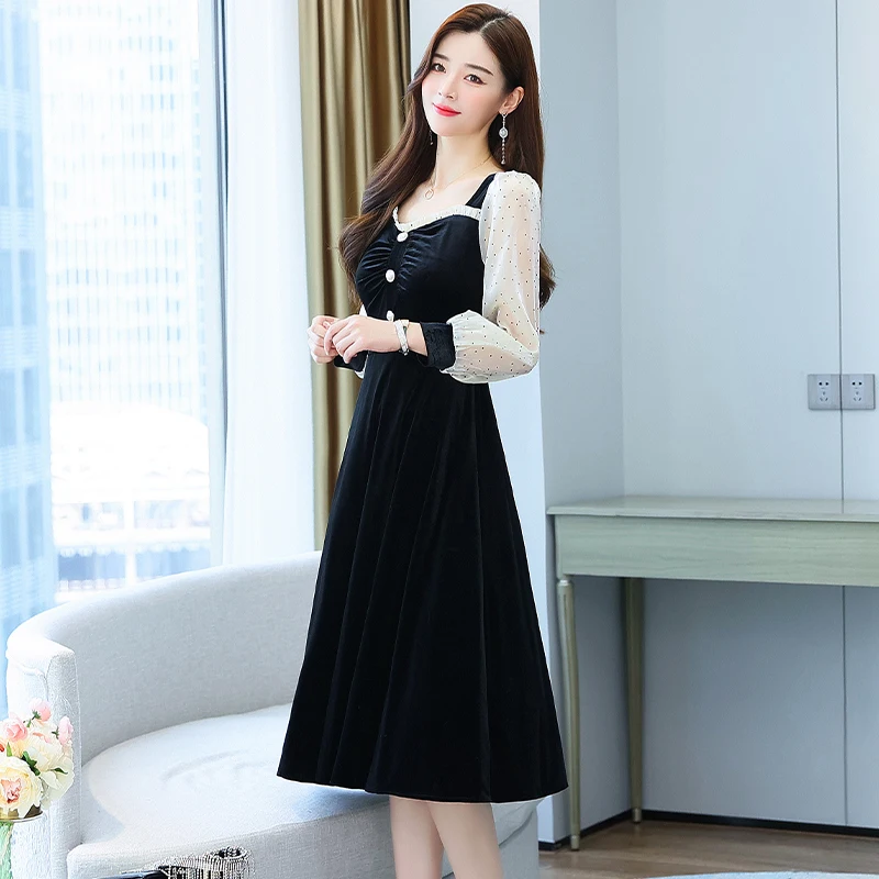 

Autumn Mesh Long Sleeve Womens Dress New High-end Sheath Velvet Office Lady Bodycon Dress Slim Black Women Vintage Dress